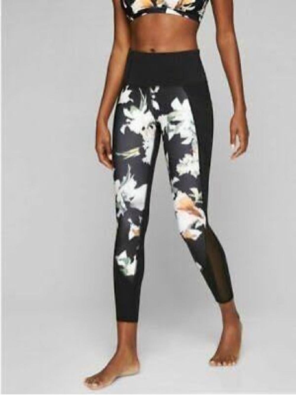 Athleta Floral‎ Mesh High Rise Leggings Black White Peach Side Pockets